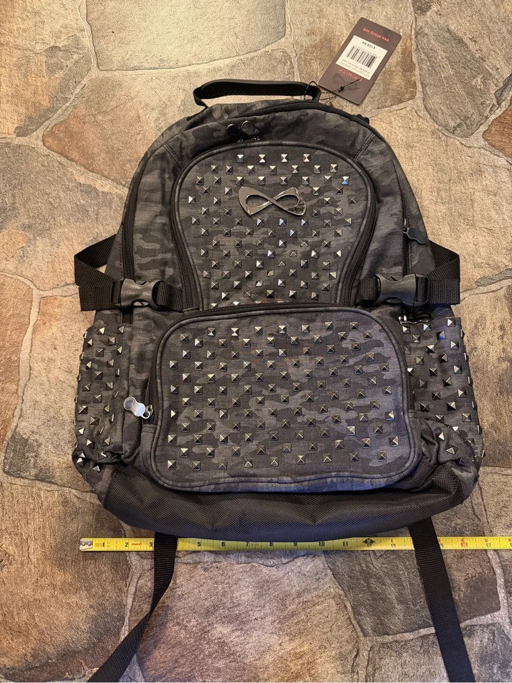Nfinity Slate/Black Camo Women’s Cheer Backpack W/Hematite Pyramid Studs!!